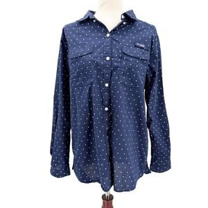 Columbia Super Bonehead PFG long sleeve Top women's LARGE navy & white polka dot